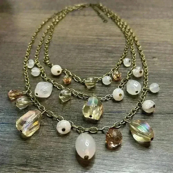 Gold Tone Three Strand Light Pink Beads Necklace - Picture 3 of 3